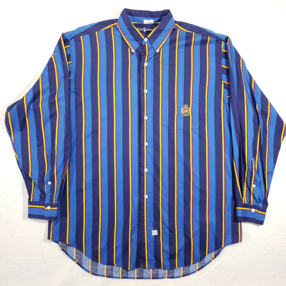 Poplo‎ Ralph Lauren Button Down Shirt Men Large Blue Striped Crest Long Sleeve